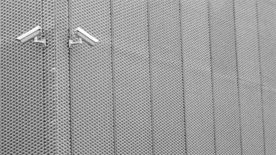 Two surveillance cameras mounted on a textured metal wall exhibiting modern architecture.