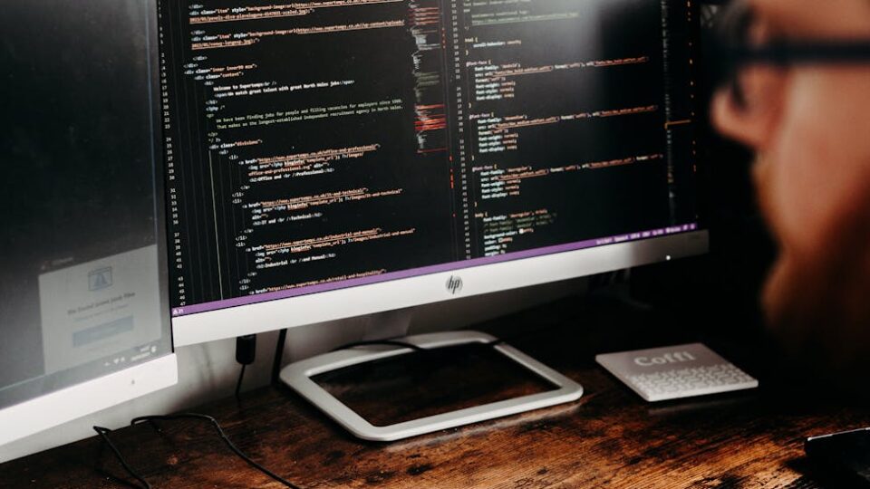 Focused software developer at desk coding with multiple monitors in a modern workspace.