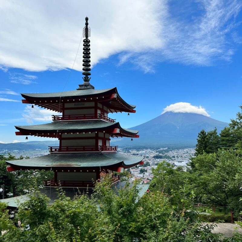 Beautiful view of Chureito Pagoda in Japan with Mount Fuji in the background.