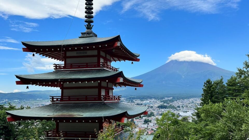 Beautiful view of Chureito Pagoda in Japan with Mount Fuji in the background.